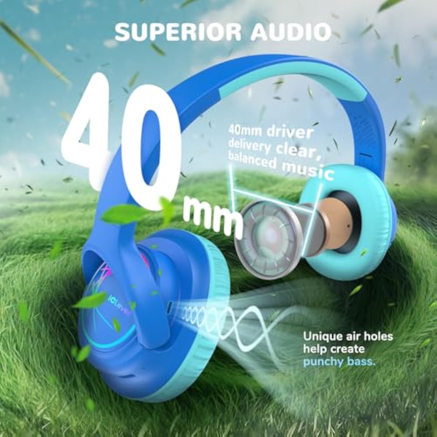iClever Kids Bluetooth Headphones with LED Lights, BTH18 Safe Volume 74/85/94d