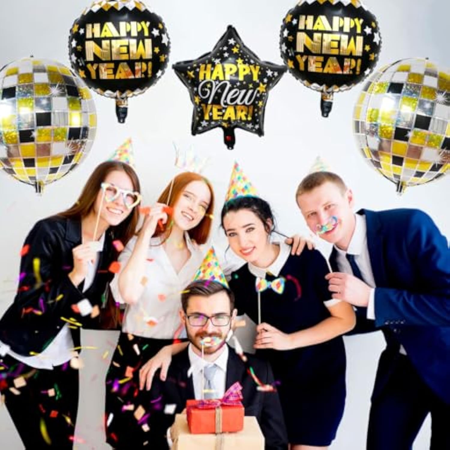 Large Happy New Year 2026 Foil Disco Balloons Party Supplies