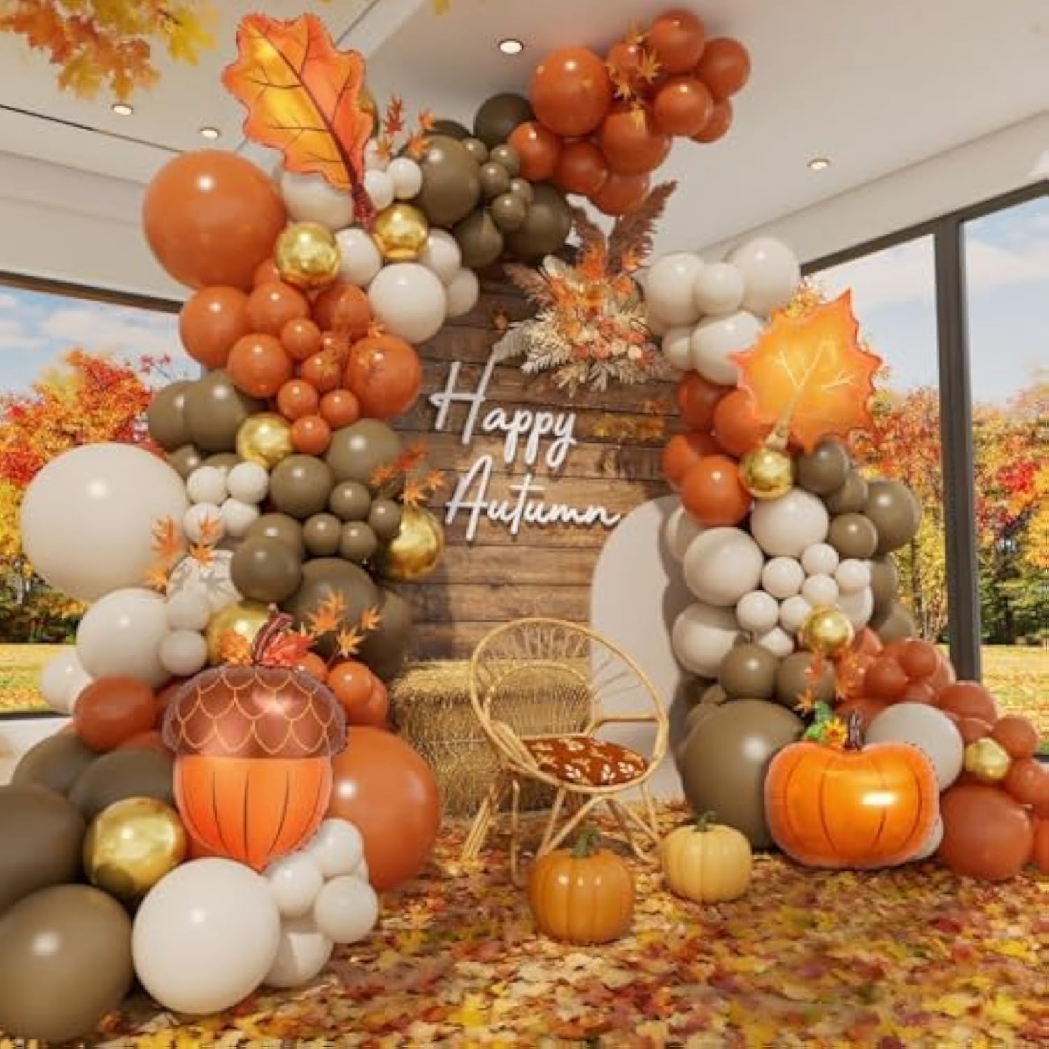 Burnt Orange Balloon Arch Kit with Brown White Gold Balloons for Fall Party