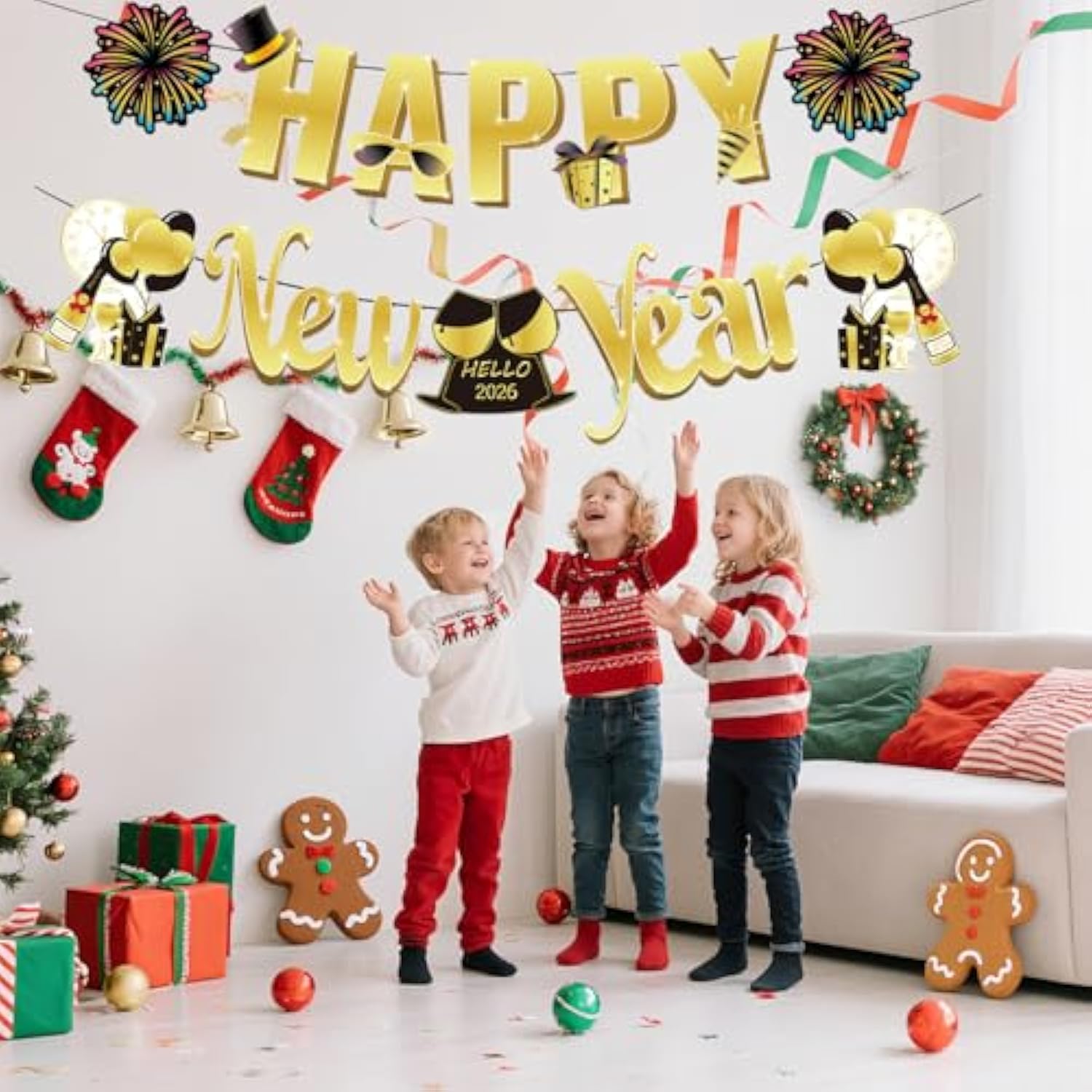 2026 New Year Party Supplies with Gold Glitter Balloons, Streamers, Banner, and Photo Props