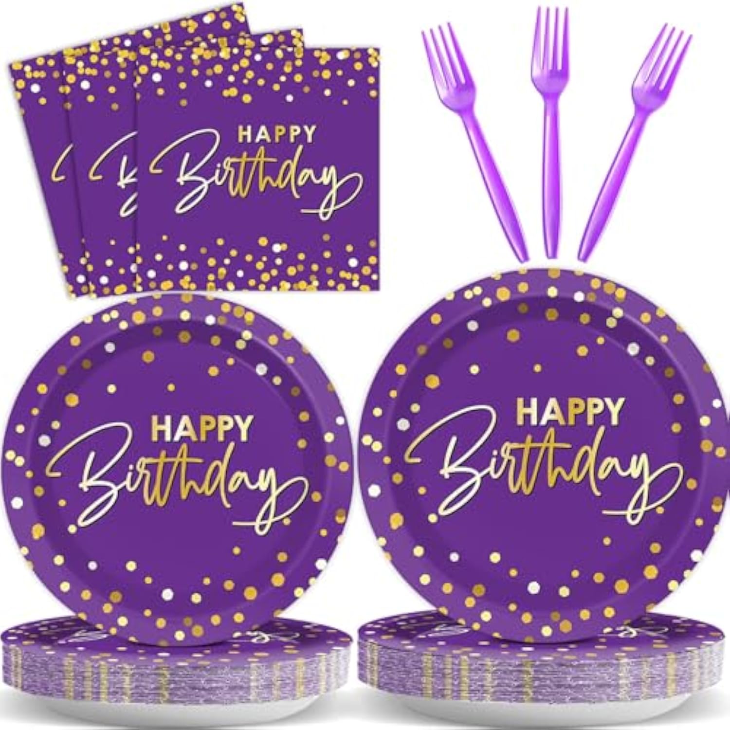 96Pcs Purple Gold Party Plates And Napkins - Happy Birthday Party Decorations - Disposable Tableware Set For 24 Guests
