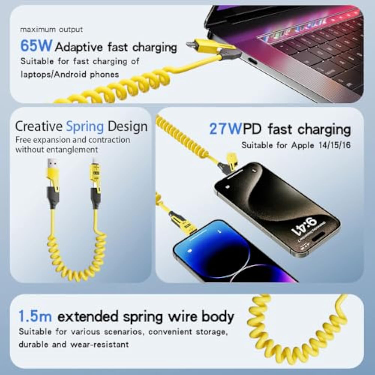 4 In 1 Spring Fast Charging Cable (2Pack), 65W Usb-C Pd Multi Fast Charging, 1.2M/4Ft Coiled Retractable Cable For Iphone Samsung Laptop - Yellow+Green