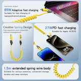 4 In 1 Spring Fast Charging Cable (2Pack), 65W Usb-C Pd Multi Fast Charging, 1.2M/4Ft Coiled Retractable Cable For Iphone Samsung Laptop - Yellow+Green