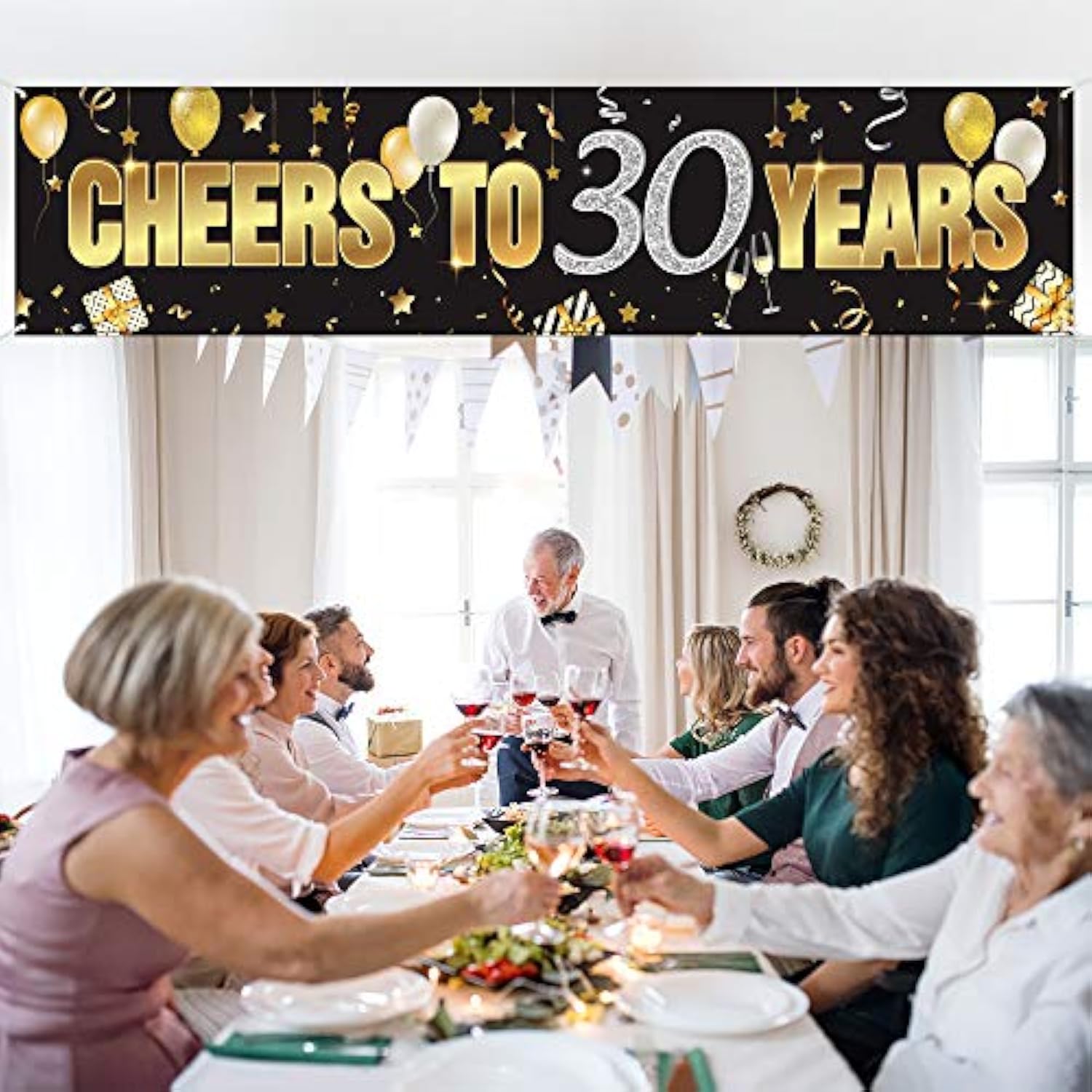 Happy 30th Birthday Banner Gold Glitter Sign for Anniversary & Celebration Decor