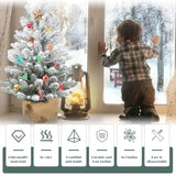 3Ft Flocked Prelit Christmas Tree With 60 Led Lights & 8 Lighting Modes, Small Battery Powered Tabletop Xmas Tree For Indoor Holiday Décor, Mini Artificial Snow Tree With Burlap Base
