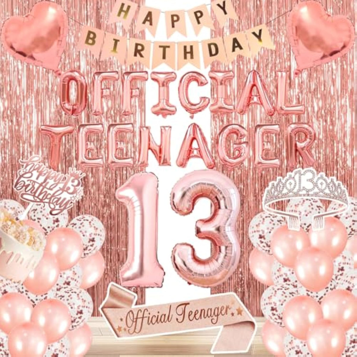 13Th Birthday Decorations For Girls, Official Teenager Party Supplies Rose Gold Foil Balloons, Tiara Tassel Curtains Sash Balloons Numbers Banner Cake Topper For 13 Birthday Girl Decorations