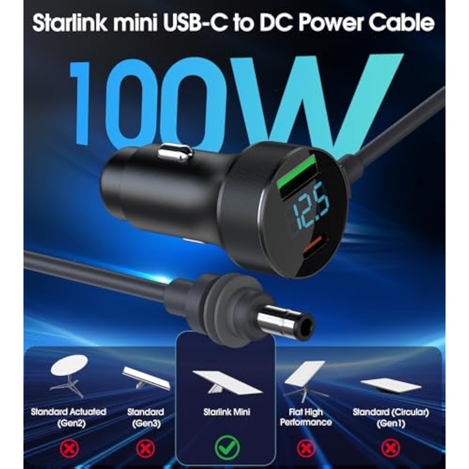 3 In 1 Starlink Mini Cable, 12V-48V Input Stable 20V 100W Output, Car Charger Dc Power Cable + Cigarette Lighter Adapter, Usb-C Pd 40W & Usb-A 30W Ports, Digital Display (9.8Ft/3M)