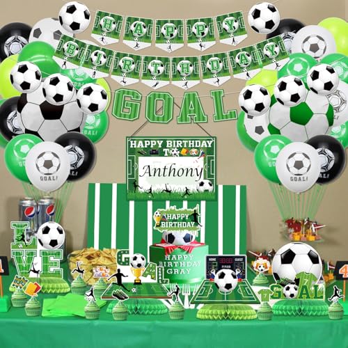 Soccer Birthday Party Supplies - Including HAPPY BIRTHDAY Banner, Soccer Element Bunting, Centerpieces, DIY Name Hanging Sign, Cake Toppers, Balloons, for Soccer Party Decorations