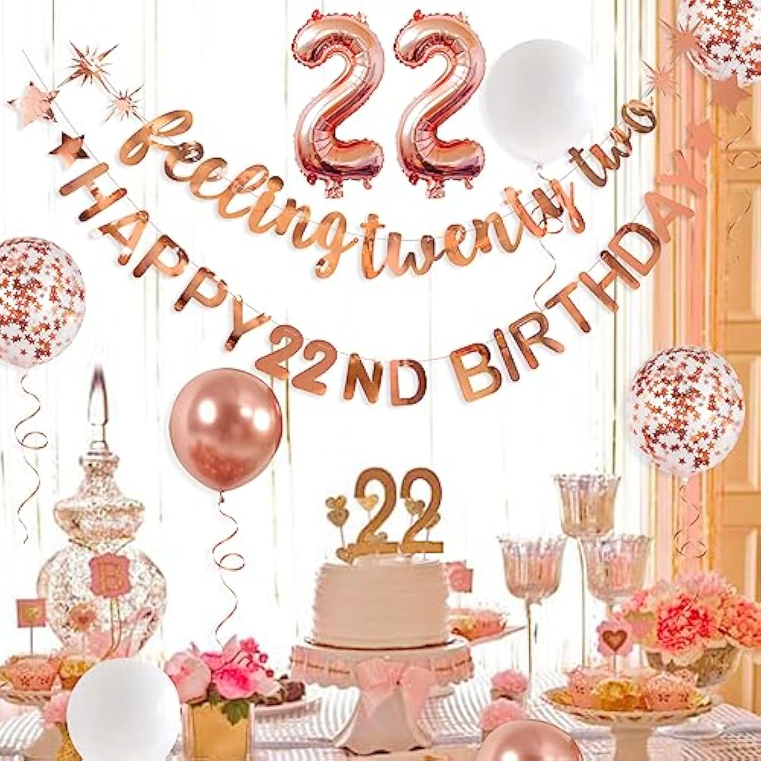 Rose Gold 22Nd Birthday Banner, Garland, Foil Balloon, Decorations, Hanging, Cheers To 22 Years Old Party Supplies Backdrop