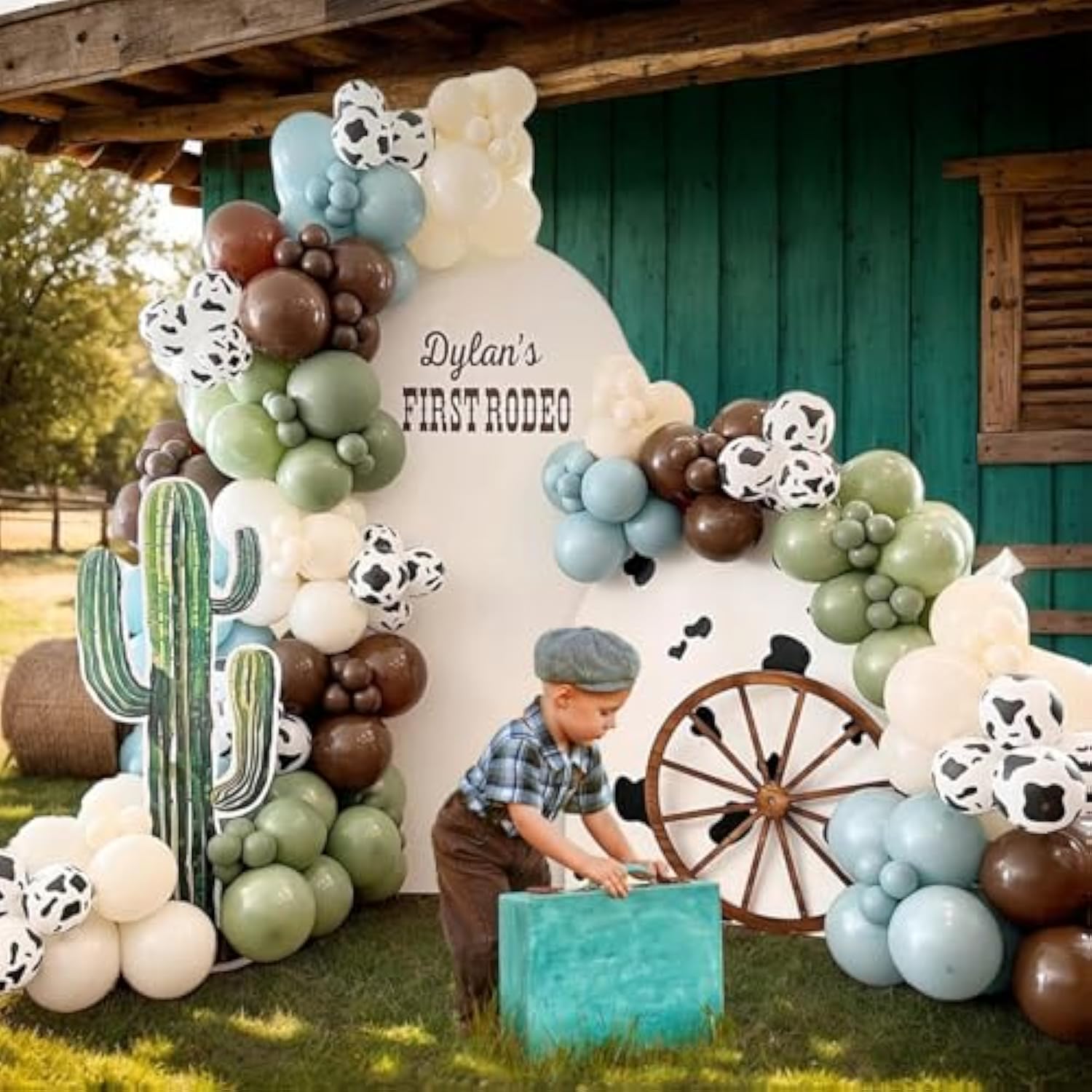 Cow Print Balloon Arch, 153 Pcs Cowboy Party Decoartion Kit - Dusty Sea Blue Oliver Green Dark Coffee Cream Western Farm Cow Balloons Grand For Baby Boy Shower Birthday Rodeo Theme Party Supplies