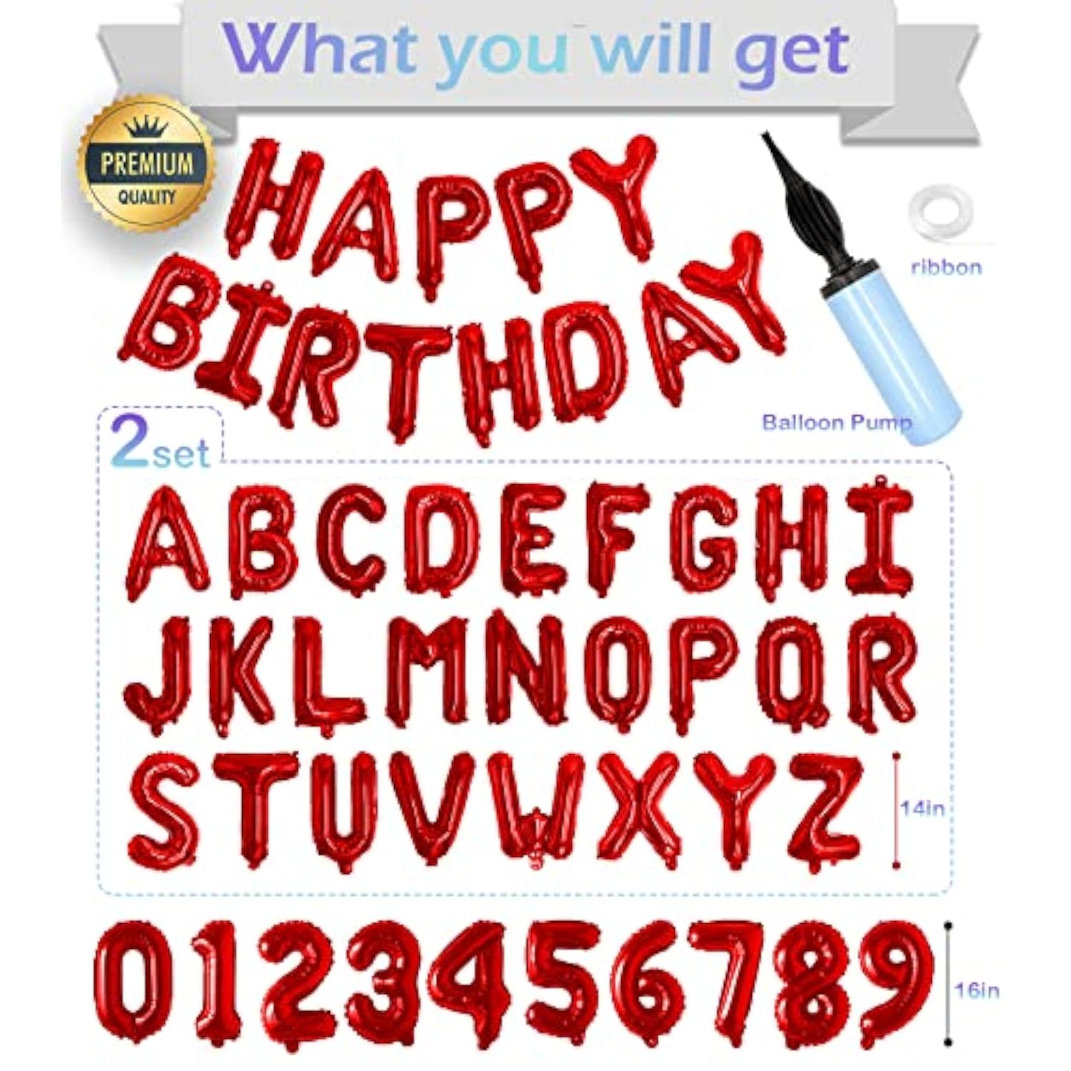 76Pcs Happy Birthday Balloon Banner, Red Balloons Letters, Personalized 16" Mylar Foil Birthday Decorations Includes 2 Sets A- Z, 1 Set Number 0-9 And "Happy Birthday" Letters (With Balloon Pump)