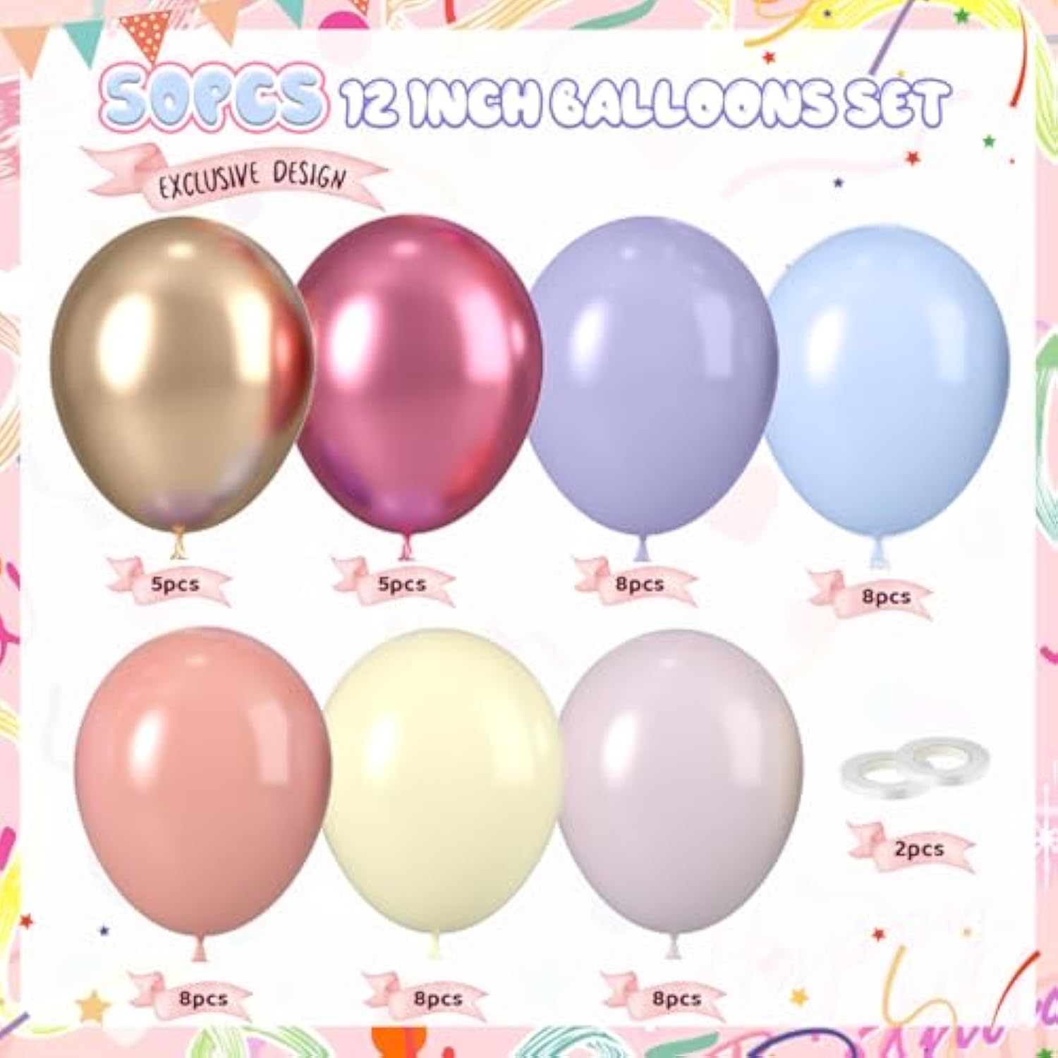 Pastel Balloons, 50Pcs 12 Inch Macaron Yellow Blue Dusty Pink Blue Purple Metallic Gold Magenta Balloons For Girl Garden Birthday Rainbow Theme Party Spring Baby Shower Wedding Engagement Decorations