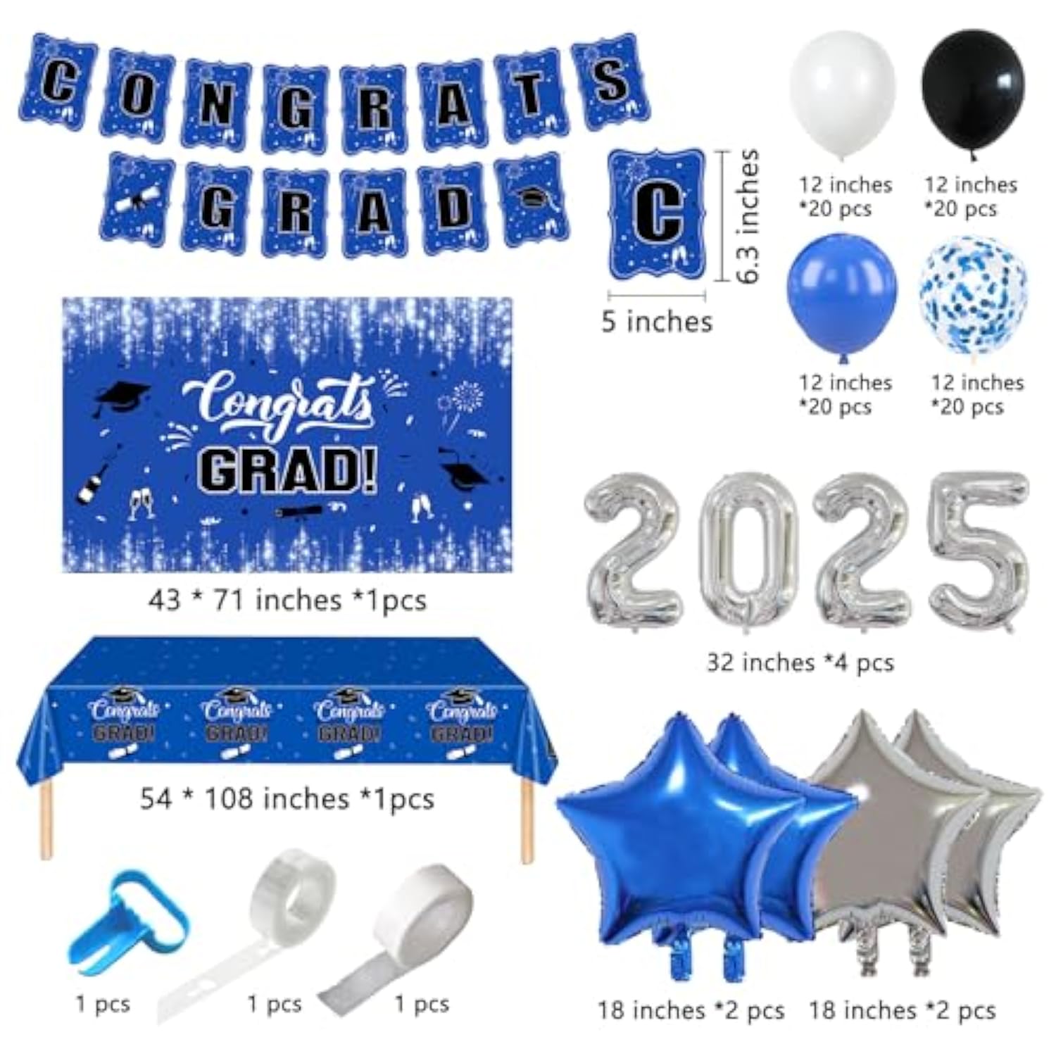 2025 Graduation Party Decorations, 195Pcs Class Of 2025 Decorations Include Congrats Grad Banner, Backdrop, Tablecloth,Ballons,Graduation Paper Plates,Cups And Napkins