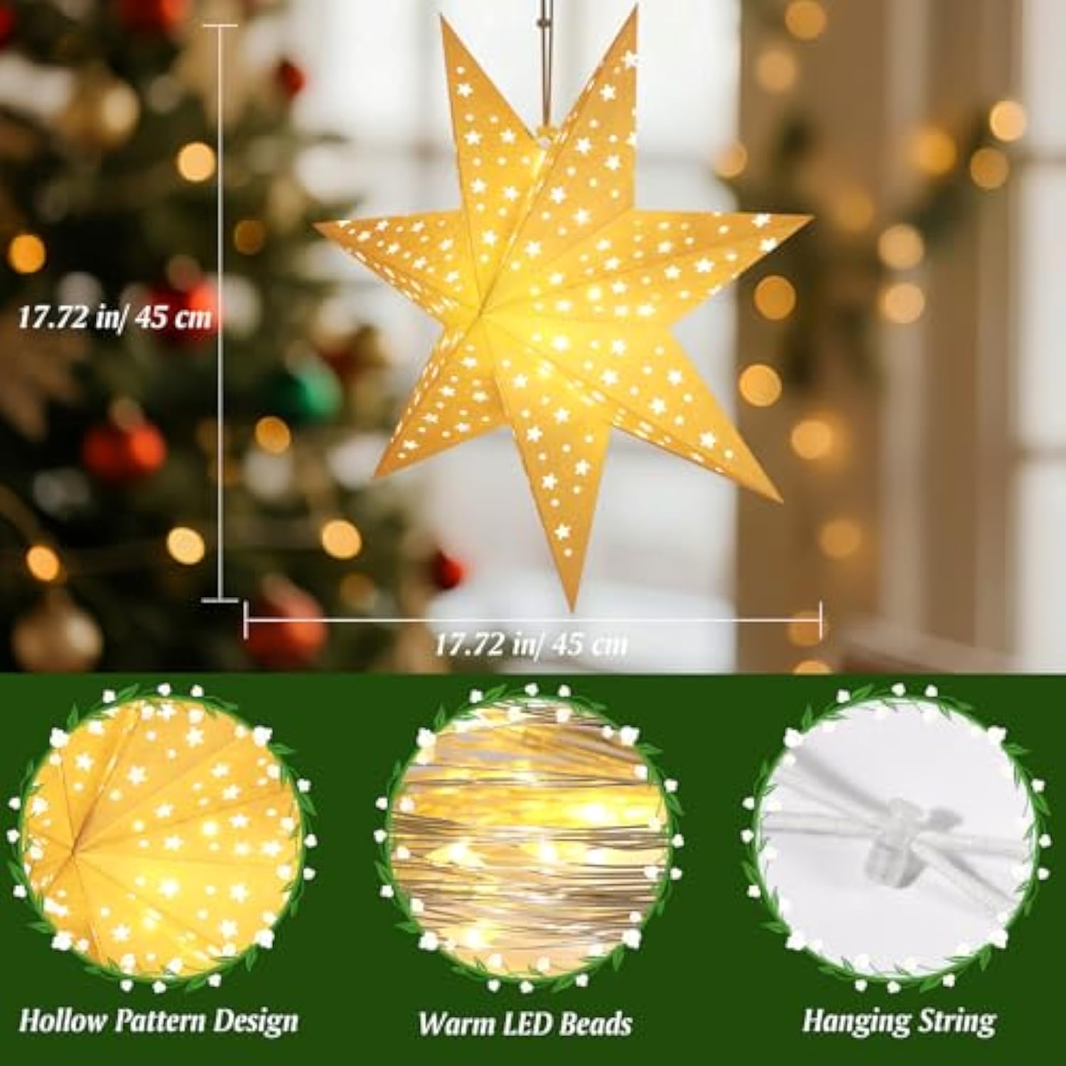 Christmas Paper Star Lantern 3 Pack, Hanging 7-Pointed Star Lights With Hollowed Stars, Led Paper Lanterns With 6H Timer