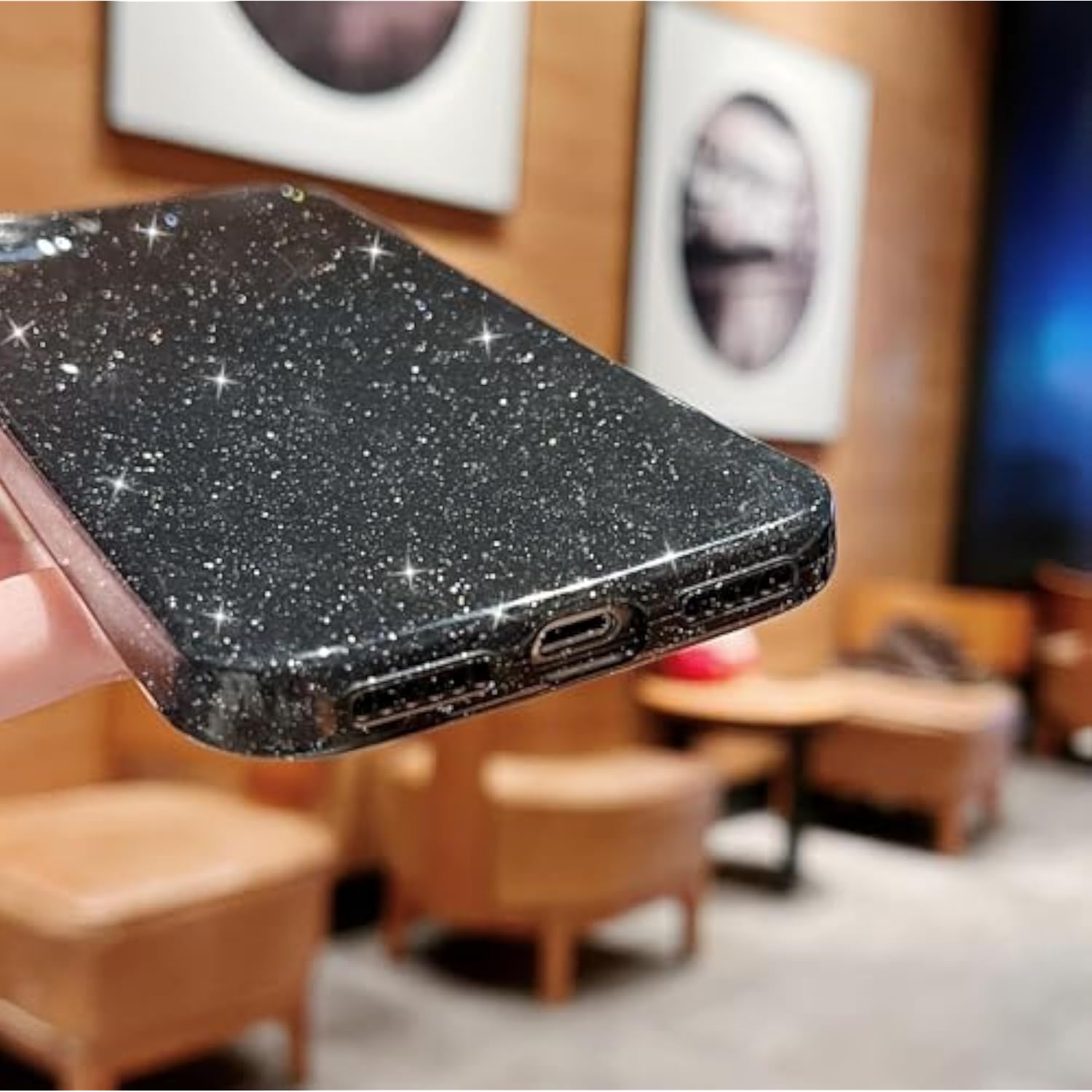 Cute Aesthetic Bling Glitter Thin Slim Shockproof Sparkly Shiny Cover for iPhone 7/8/SE 2022/2020 4.7 inch - Black