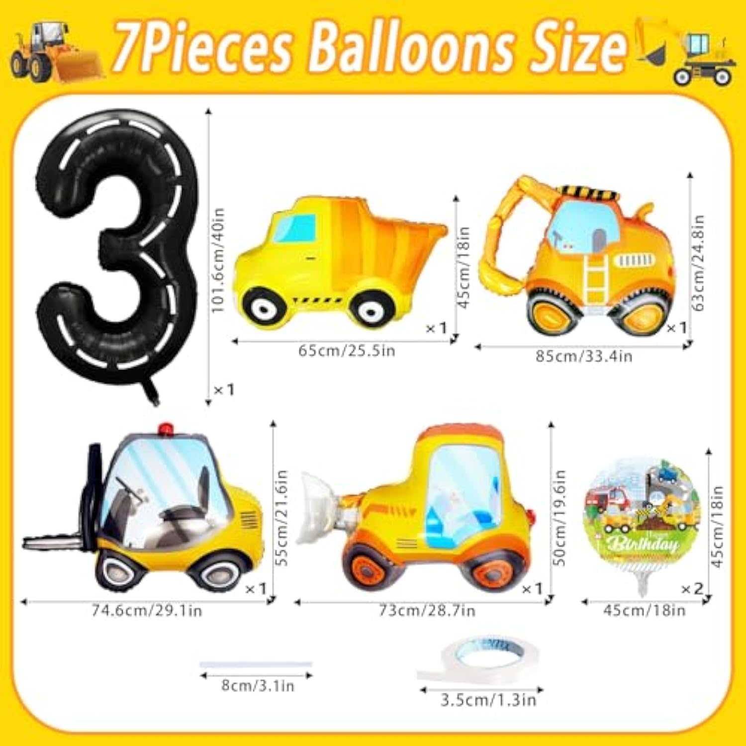 7 Pcs Construction Balloons 40" Number 3 Excavator Truck Bulldozer Birthday Decor