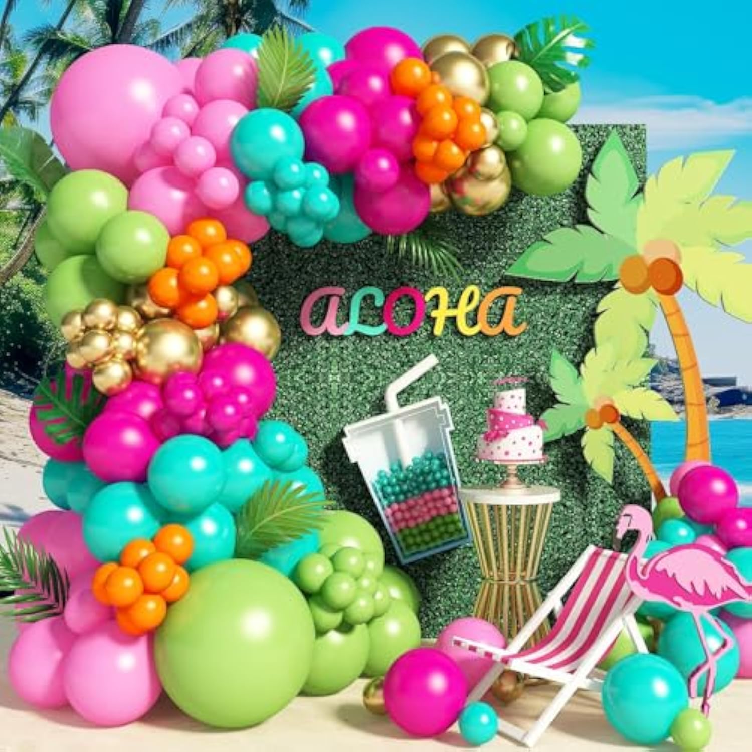 138pcs Flamingo Luau Balloon Garland Kit, Tropical Pink Green Gold Party Decor