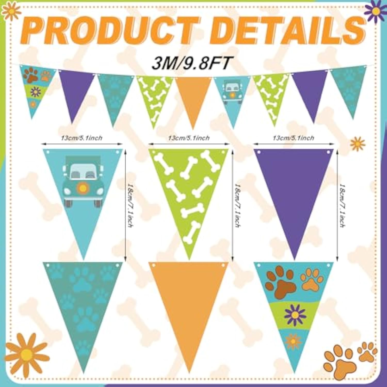 5 Pcs Cartoon Dog Triangle Pennant Banner Orange Blue Purple Green Pet Paw Paper Flag For Cartoon Adventure Dog Theme Birthday Baby Shower Party Decor