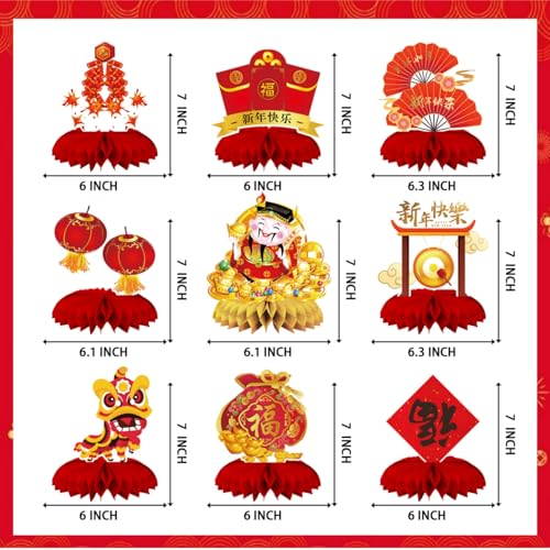 9 Pieces Chinese New Year Party Decorations Year of the Horse Table Centerpieces 2026 Lunar New Year Honeycomb Centerpieces for New Years Eve Party Supplies
