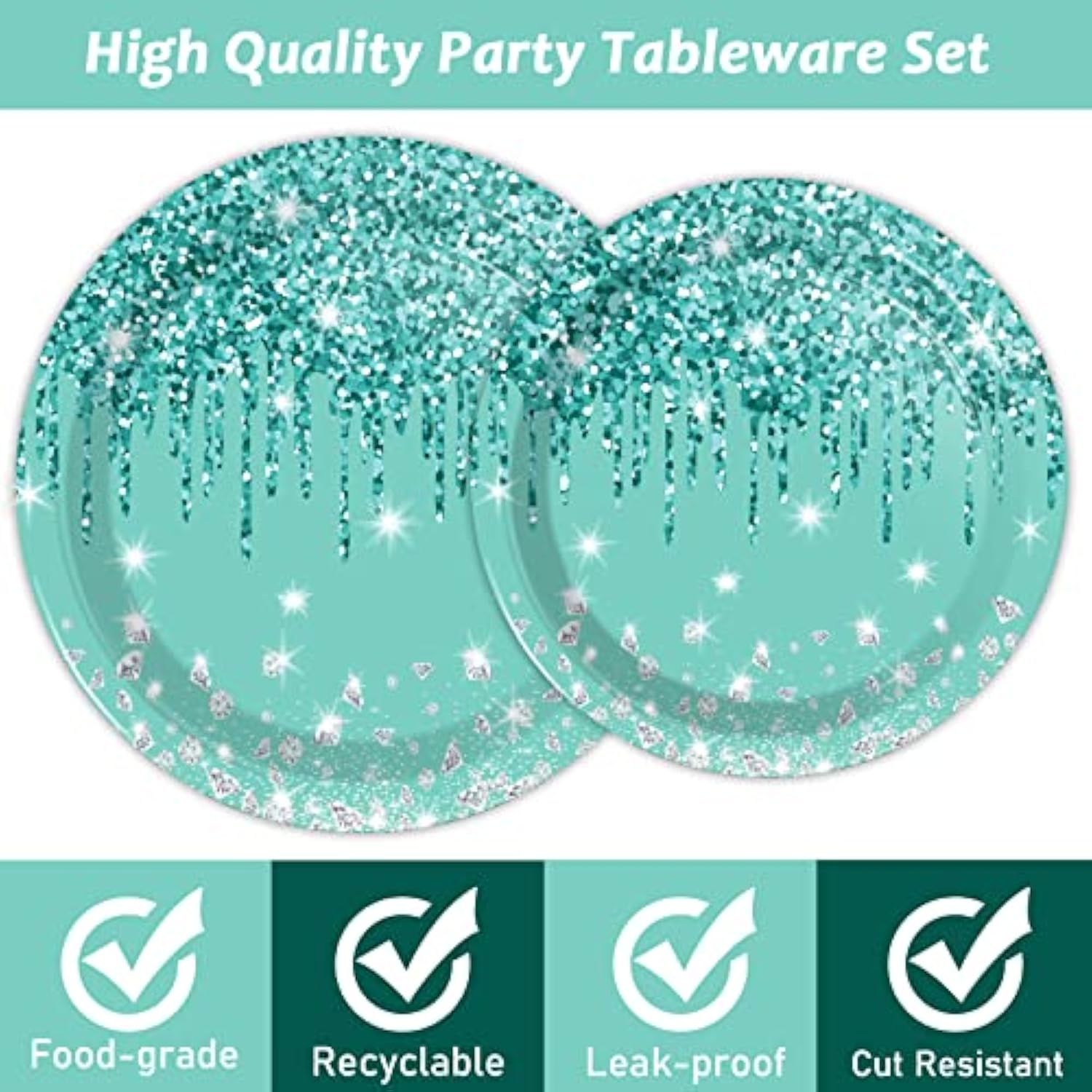 96 Pcs Teal And Silver Tableware Set For 24 Guests Happy Birthday Table Decorations Breakfast Blue Birthday Theme Dessert Plates Napkins Forks For Girls Women Silver Glitter Birthday Party Supplies