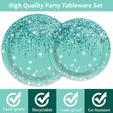 96 Pcs Teal And Silver Tableware Set For 24 Guests Happy Birthday Table Decorations Breakfast Blue Birthday Theme Dessert Plates Napkins Forks For Girls Women Silver Glitter Birthday Party Supplies
