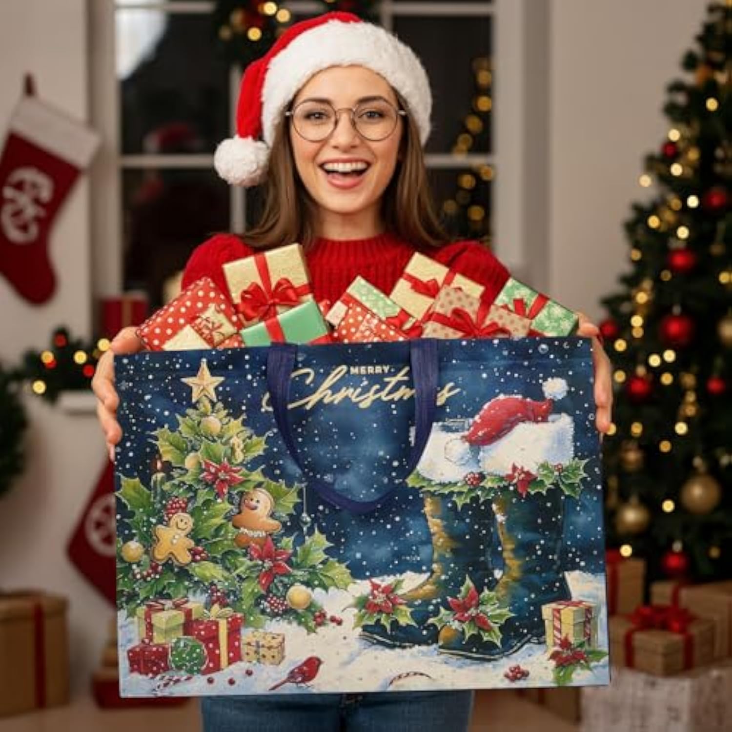 12 Pack Extra Large Christmas Gift Bags With Handles, Reusable Non-Woven Christmas Bags For Presents Wrapping Holiday Xmas Party Favors Supplies(16.7" X 12.6" X 6.7")