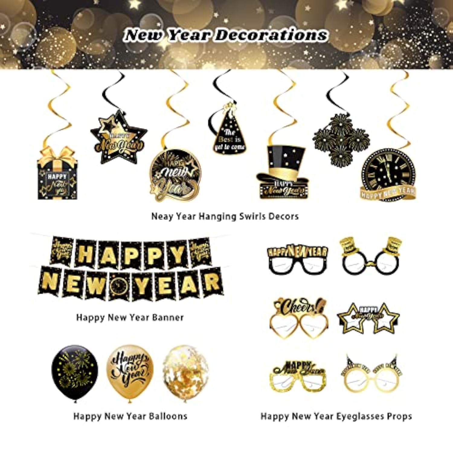 2026 New Year Party Set in Gold and Black with Banner, Balloons, and Props