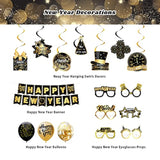 2026 New Year Party Set in Gold and Black with Banner, Balloons, and Props