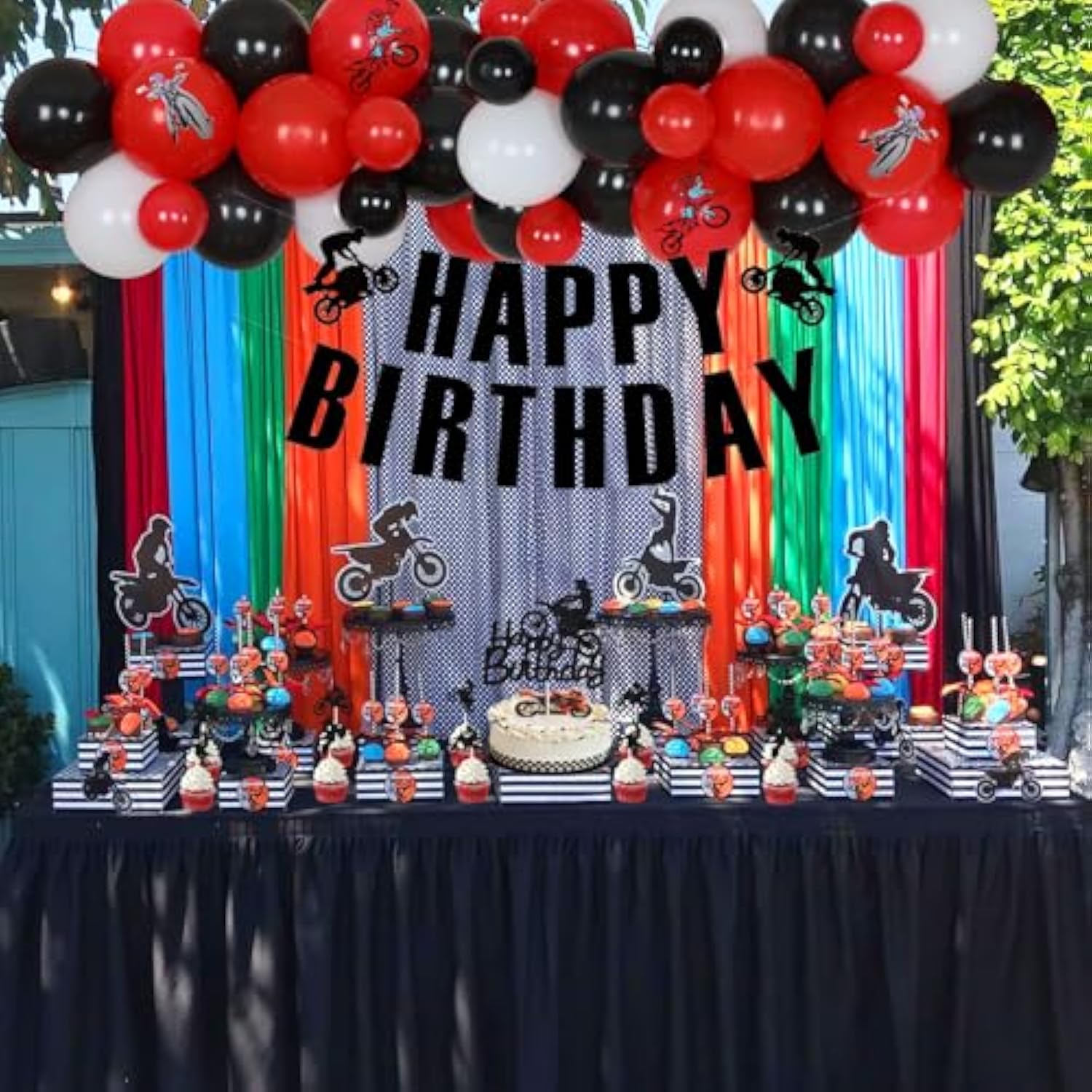 Dirt Bike Birthday Decorations For Boys - Red Black Balloon Garland Arch Kit With Happy Birthday Banner Cake Topper, Motorcycle Cupcake Toppers For Motocross Theme Party Supplies