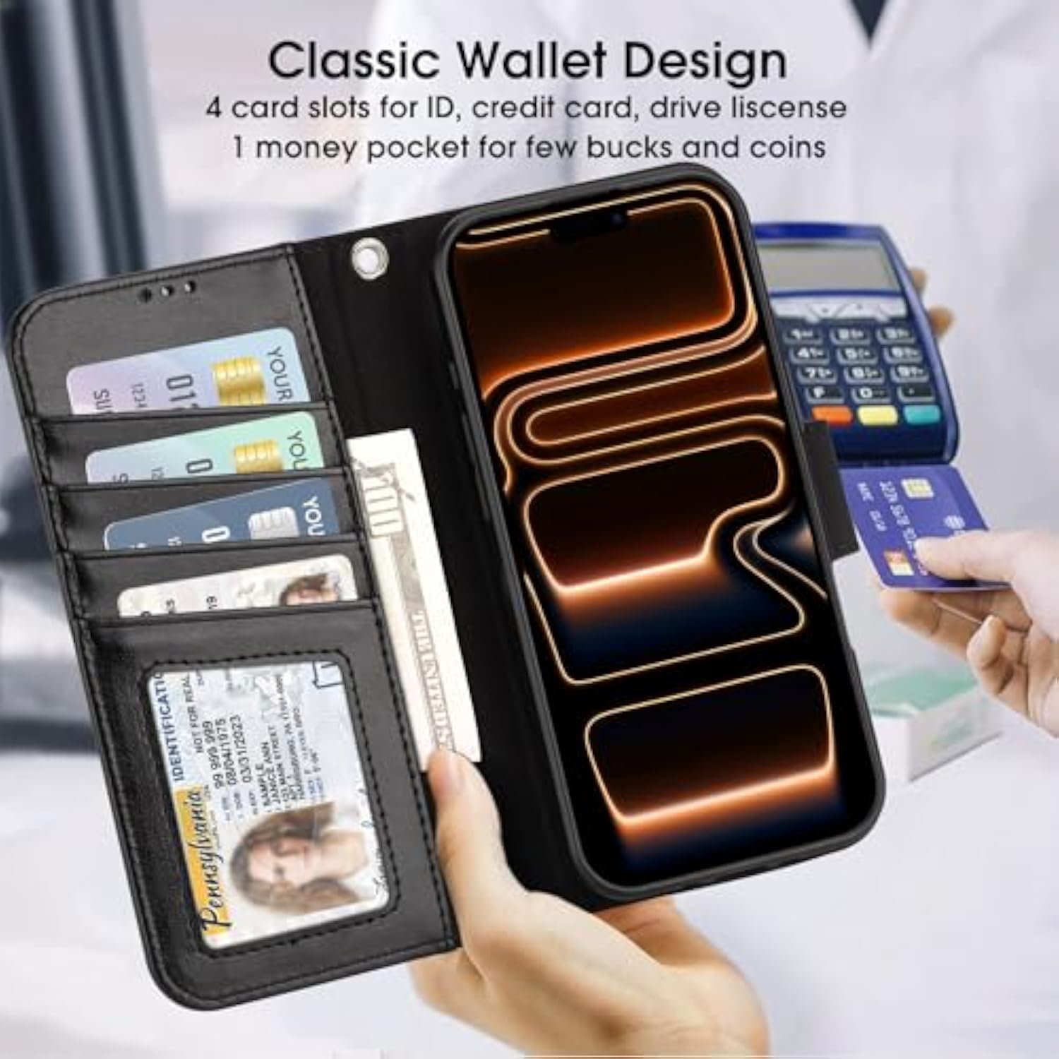 iPhone 17 Pro Max Case with Wallet, Card Holder, and Wristlet Strap, 6.9 inch, Black, RFID Blocking, Kickstand