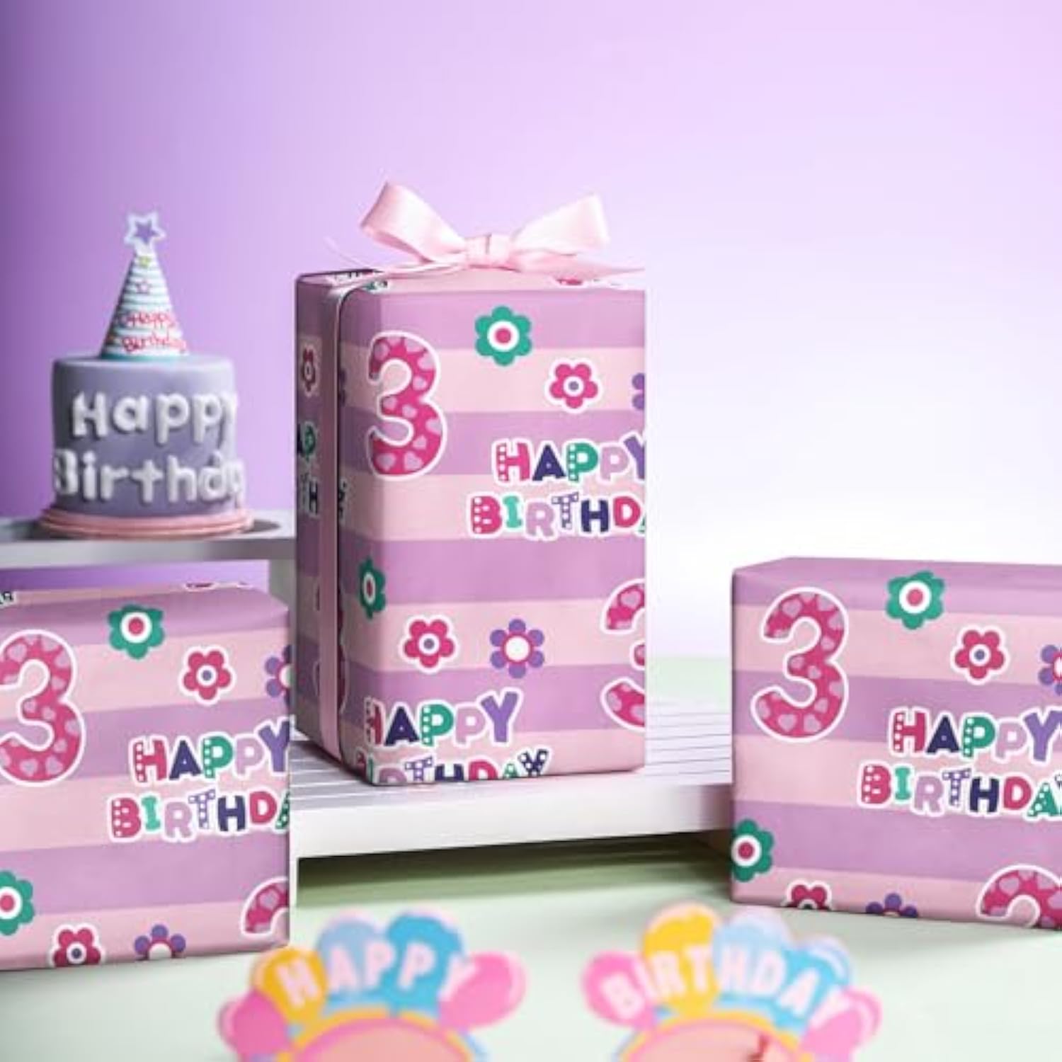3Rd Birthday Wrapping Paper - Pink Happy Birthday With Floral Design, 6 Sheets, 19.7 X 27.5 Inch Each