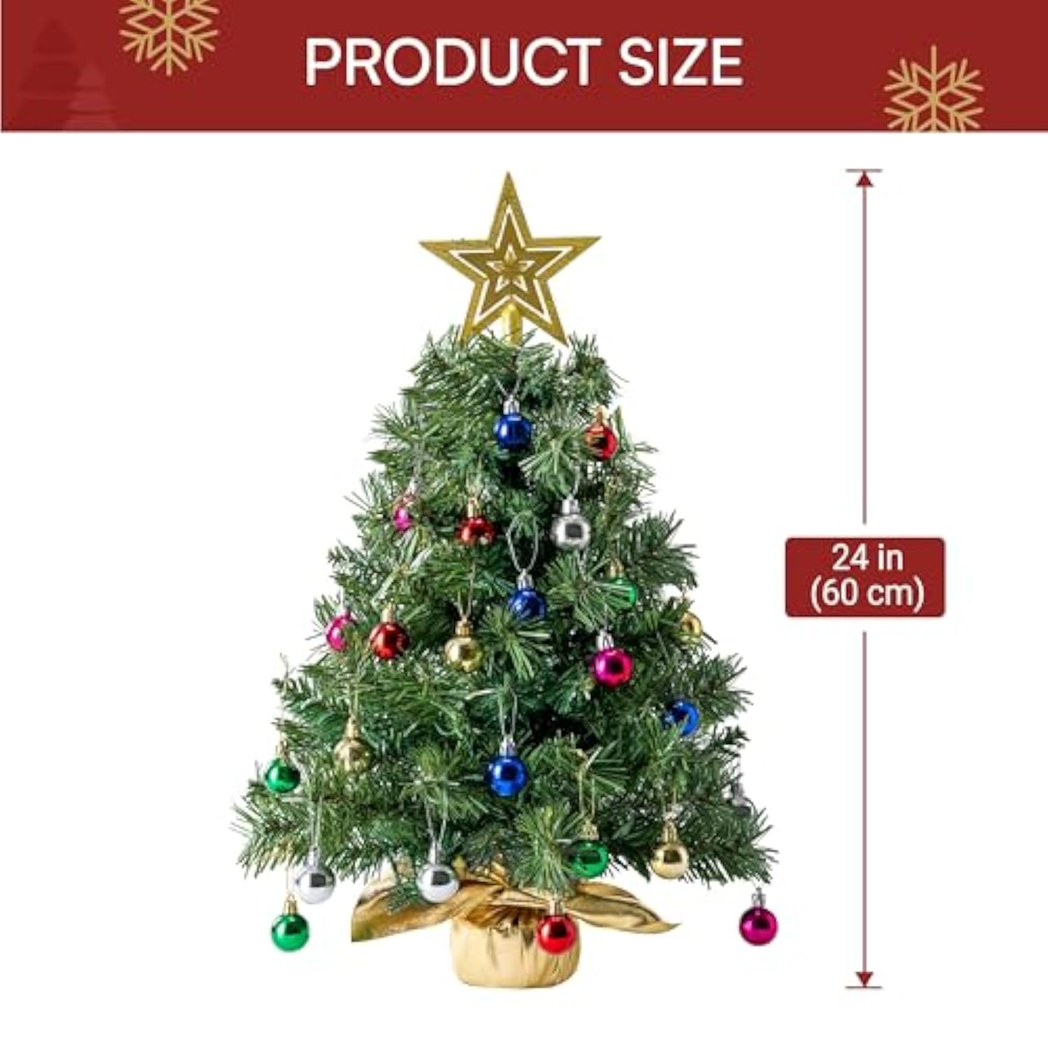 24"/2Ft Small Tabletop Christmas Tree With Lights With Star Treetop And Hanging Ornaments, Pre-Lit Artificial Christmas Green Led Mini Tabletop Tree For Xmas Decorations Indoor Outdoor