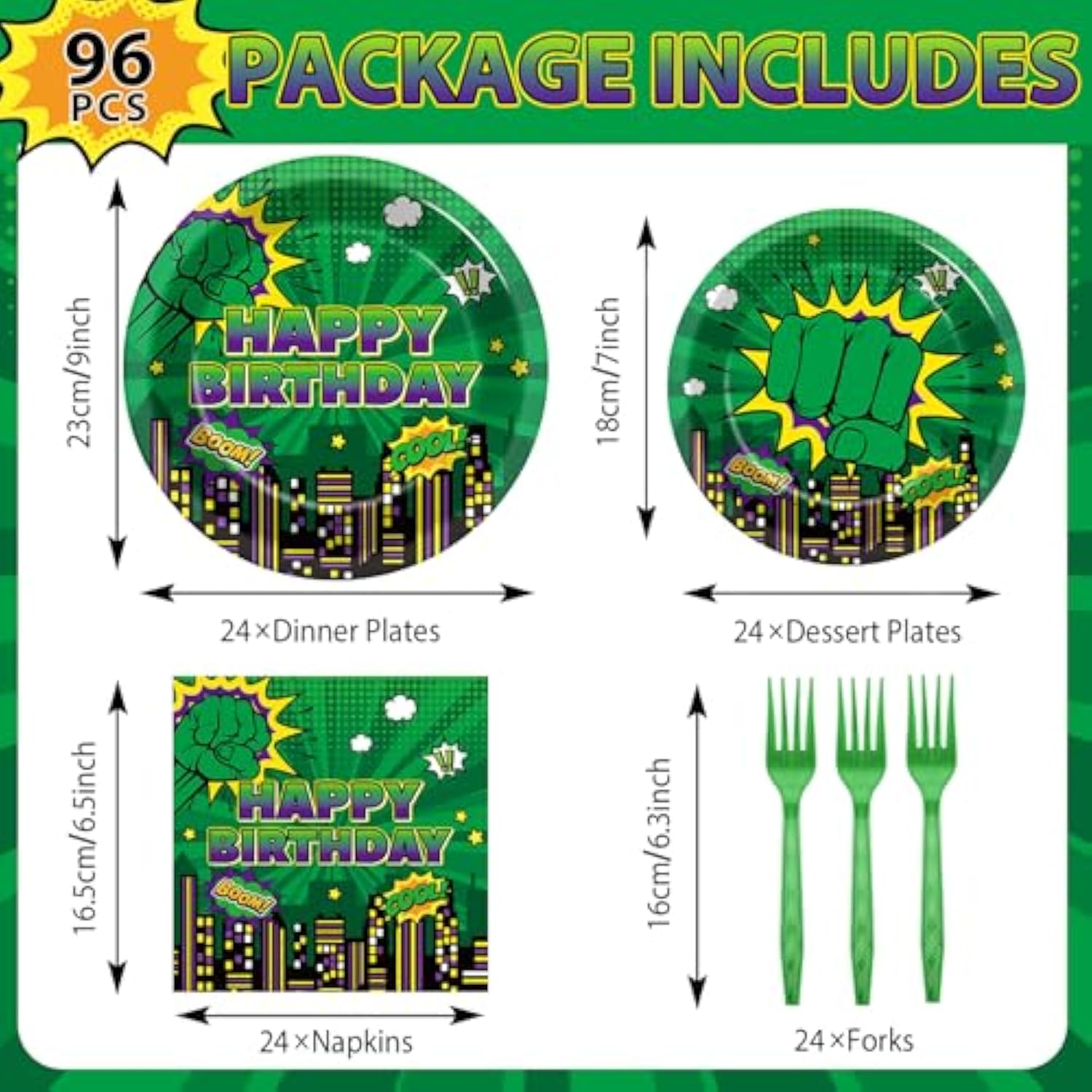 96Pcs Green Hero Paper Plates And Napkins Super Theme Birthday Party Supplies Green Hero Disposable Dinnerware Tableware Set For Kid Cartoon City Cityscape Baby Shower Table Party Decoration Serve 24
