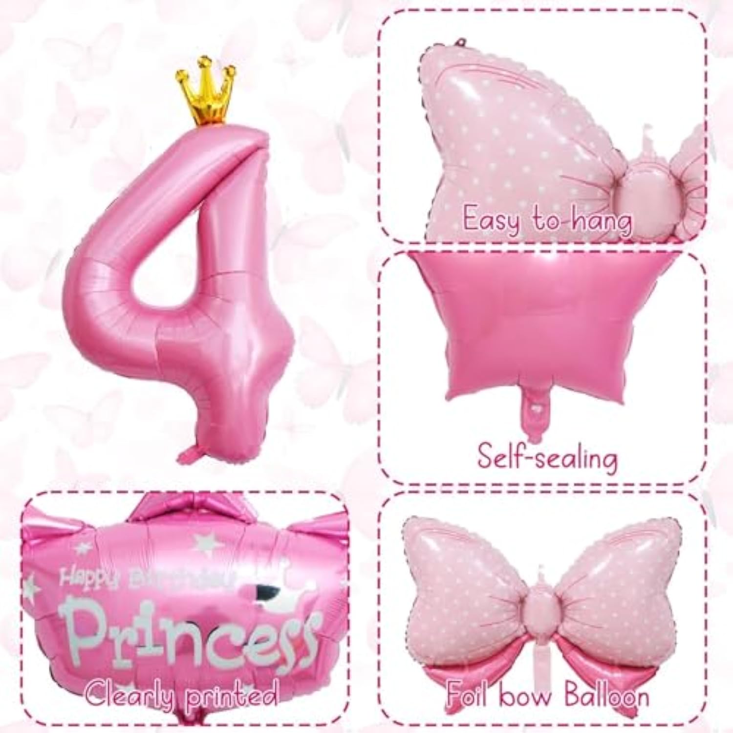 Princess 4th Birthday Decorations 40" Number 4 & Crown Balloon Set