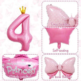 Pink 4Th Birthday Decorations, Pink 4Th Birthday Balloon Set With 40 Inch Pink Number 4, Large Helium Foil Mylar Princess Crown Balloon, Pink Bow Foil Balloons For Girls Birthday Party Decoration