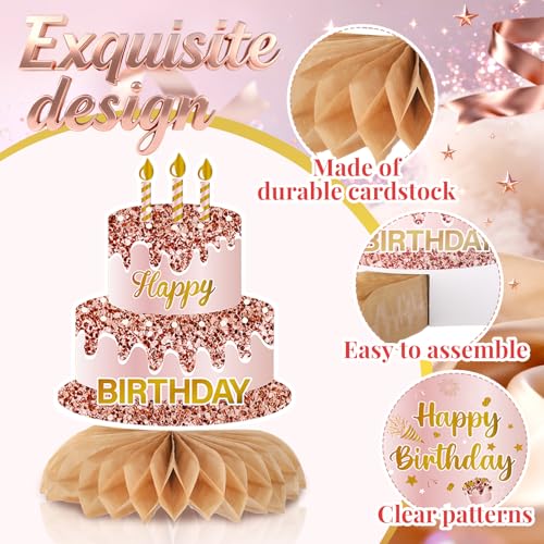 12Pcs Rose Gold Birthday Decorations Honeycomb Centerpieces for Women Girls, Rose Gold Happy Birthday Table Centerpieces for Kids Adult Birthday Table Topper Sign Decor Supplies