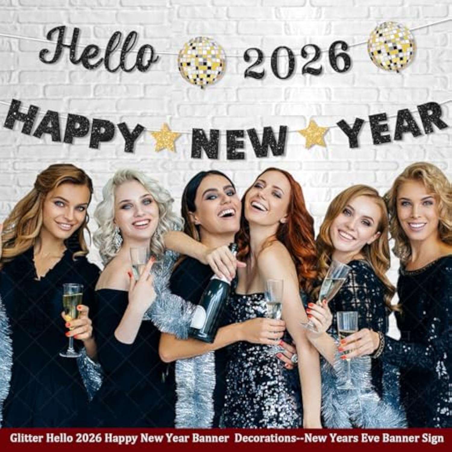 Glitter Hello 2026 Happy New Year Banner Pre-Strung Black for Party Decor