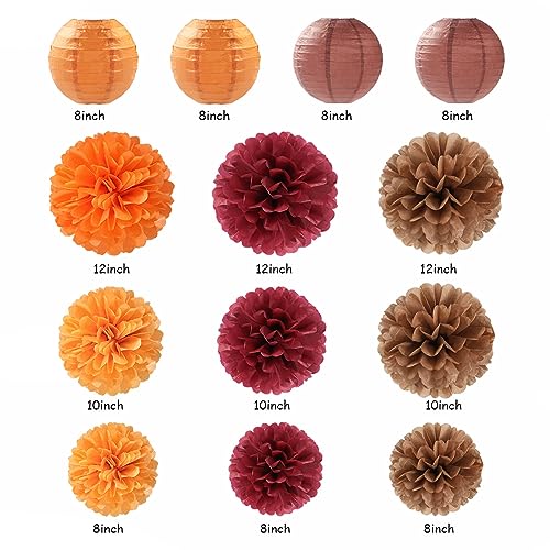 Burgundy Brown-Orange Baby-Shower Boho Party-Decorations - 20pcs Fall Autumn Paper Lanterns Fans,Tissue Pom Poms,Honeycomb Balls,Wedding Birthday Bridal Harvest Thanksgiving Festival Decor