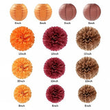 Burgundy Brown-Orange Baby-Shower Boho Party-Decorations - 20pcs Fall Autumn Paper Lanterns Fans,Tissue Pom Poms,Honeycomb Balls,Wedding Birthday Bridal Harvest Thanksgiving Festival Decor