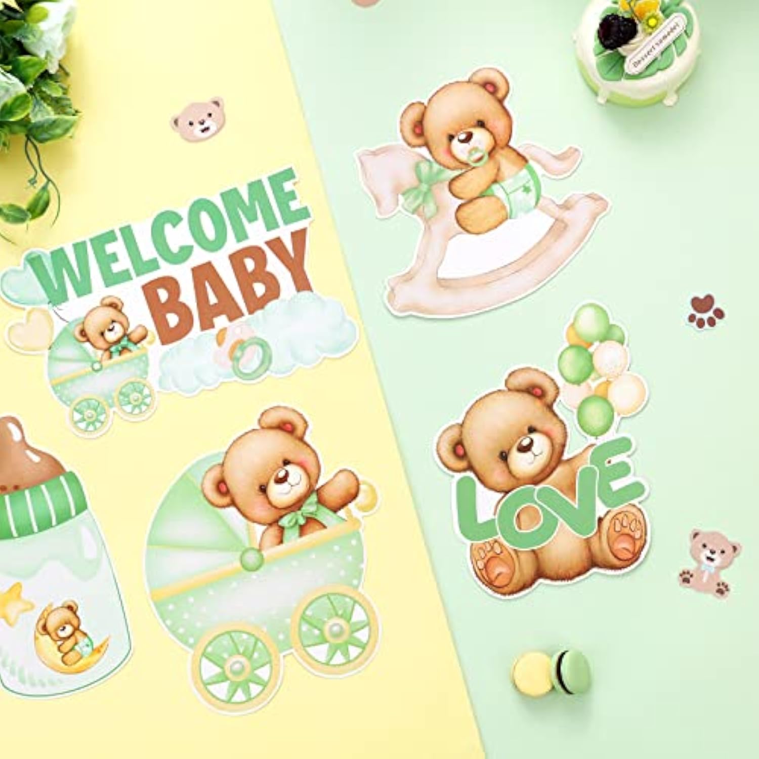 24 Pcs Bear Baby Shower Centerpiece Sticks Sage Green - We Can Bearly