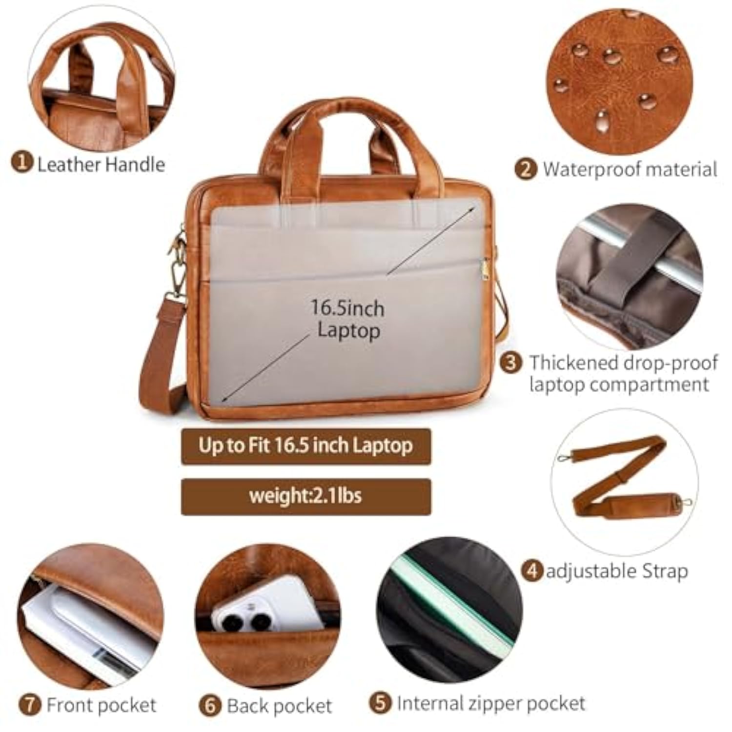 Faux Leather Messenger Bag For Men 15.6 Inch: Laptop Bag Briefcase Computer Handbags Shoulder Crossbody Bag With Padded Laptop Sleeve For Work College Travel, Pu Brown