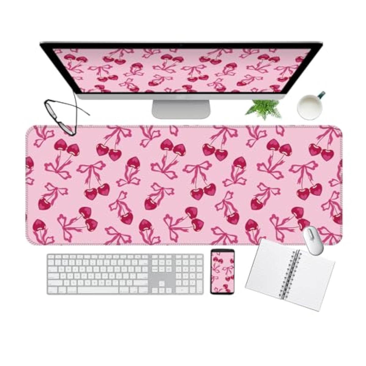 Gaming Mouse Mat Forest Background Pattern Xxl Xl Large Mouse Mat Long Extended Mouse Pad Desk Mat Non-Slip Rubber Mice Pads Stitched Edges (31.5 X 11.8)(Cute Cherry)