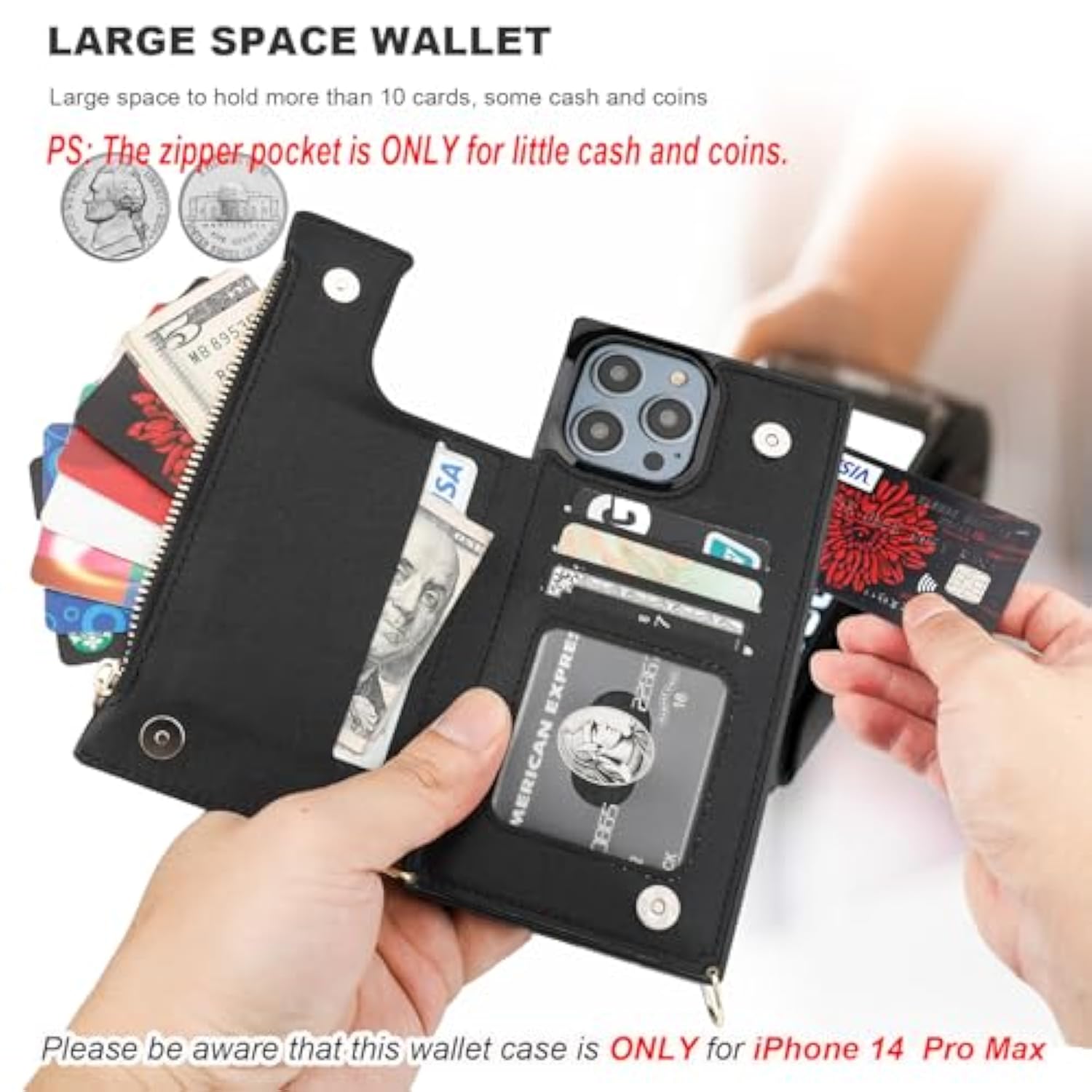 iPhone 14 Pro Max Crossbody Wallet Case RFID PU Leather Black 6.7in