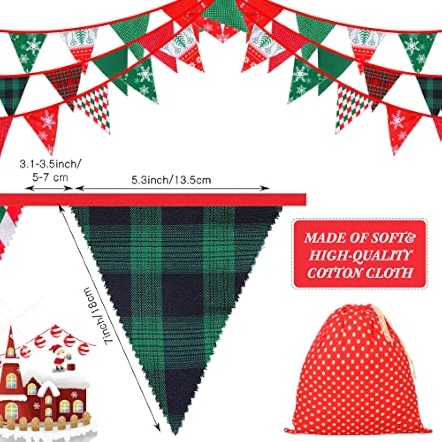 40 Feet Christmas Fabric Pennants Banner Triangle Flag Vintage Christm