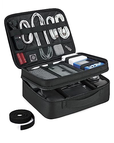 Cable Organizer Bag, Travel Electronics Organizer With Adjustable Divider, Tech Bag Carrying Case, Storage Bag Sturdy Tool Case With Handle For Cellphone Cord Electronics Accessories, Black