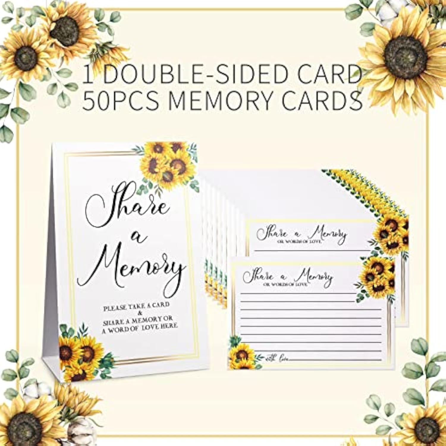 50 Pcs Sunflower Share A Memory Cards Sign Place Seating Place Cards For Celebration Of Life Decorations Wedding Funeral Bridal Shower Birthday Anniversary(Black Font)