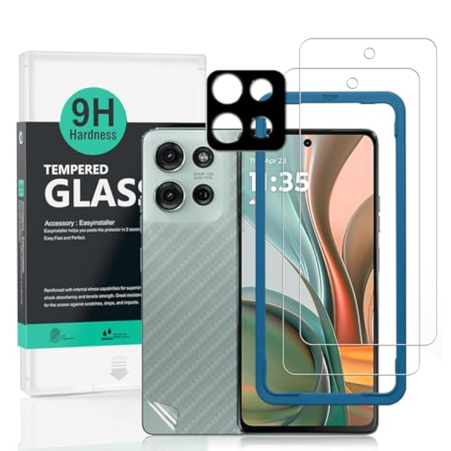 2 Pack Screen Protector For Motorola Moto G75 5G 6.78",9H Hardness Tempered Glass,With 1Pc Camera Lens Protector,1Pc Back Carbon Fiber Film