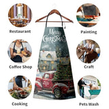 Merry Christmas Apron Vintage Red Truck With Xmas Tree Kitchen Aprons With Two Pockets Winter Cabin Snowman Aprons With Adjustable Strap For Baking, Cooking, Crafting, Sewing