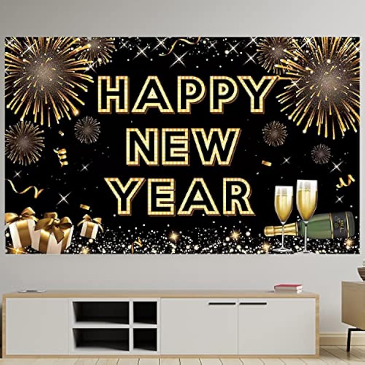 Extra-Large Black & Gold "Happy New Year 2026" Banner NYE Photo Backdrop