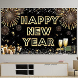 Extra-Large Black & Gold "Happy New Year 2026" Banner NYE Photo Backdrop